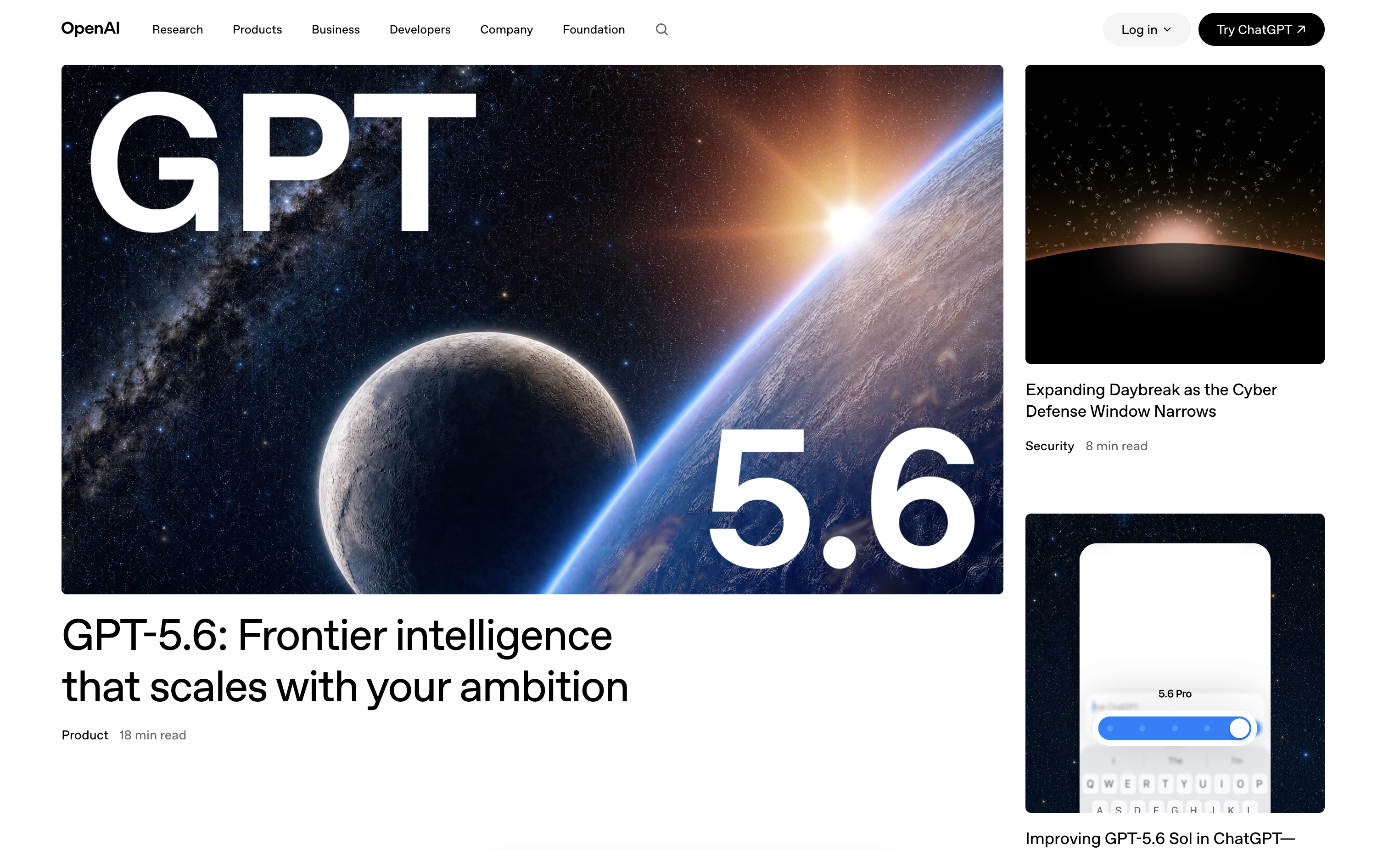 OpenAI 首页使用大字号 GPT 5.6 覆盖宇宙主题主图,并采用一大两小的非对称内容网格