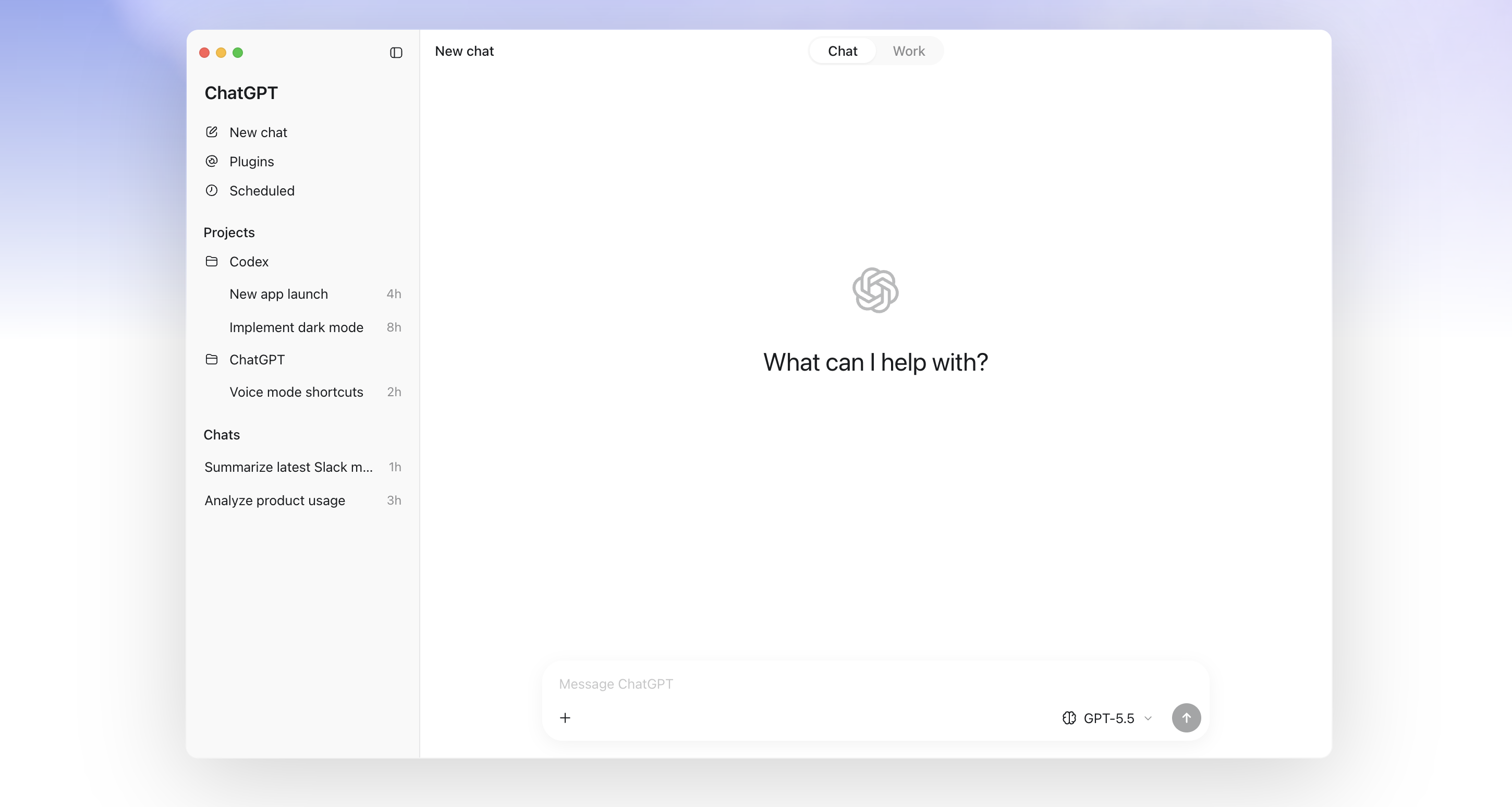 ChatGPT 桌面界面的 Chat 与 Work 模式切换、项目树和中央任务输入框