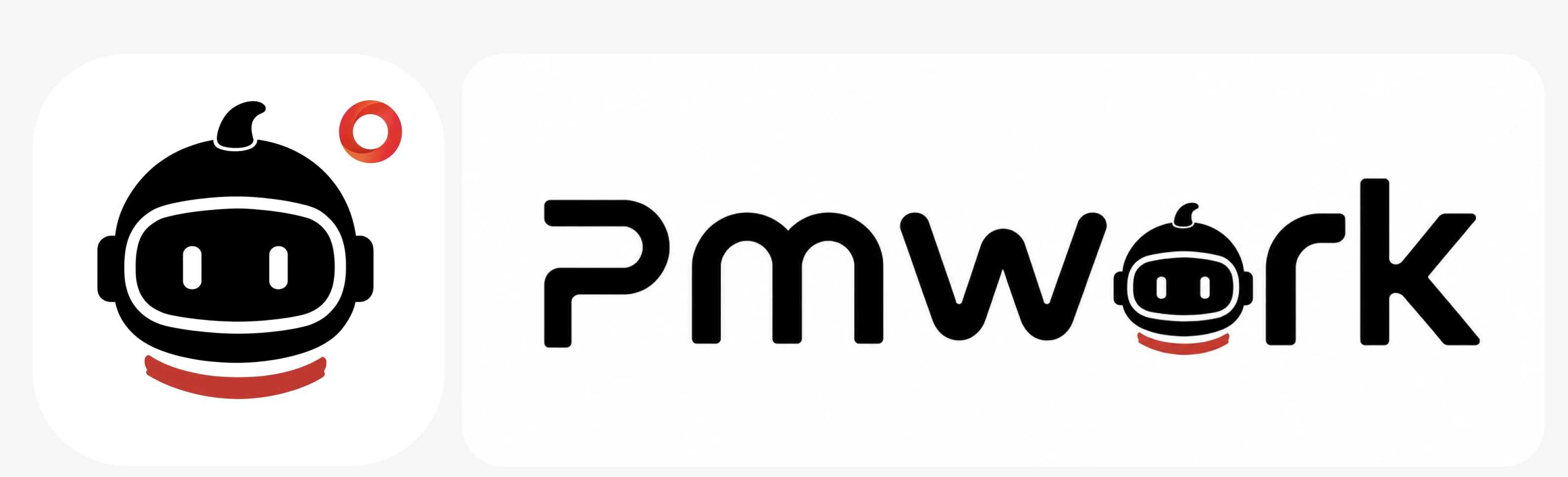 PmWork 最优品牌方案，左侧为机器人头像，右侧为嵌入机器人头像的 PmWork 标准字